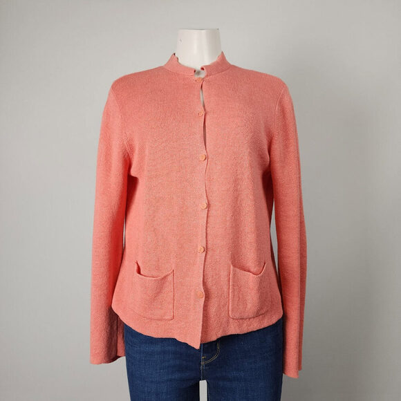 Eileen Fisher Coral Linen Knit Button Up Cardigan Size M - Picture 1 of 8